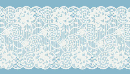 WIDE IVORY SCALLOPED LACE TRIM ON BLUE BACKGROUND