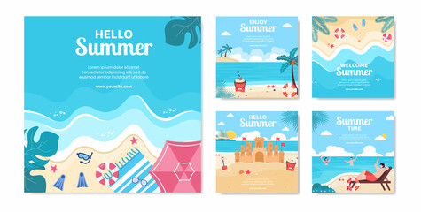 Hello Summer Social Media Post Template Flat Cartoon Background Vector Illustration © denayune