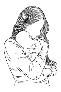 Simple pencil drawings of sales mother and baby