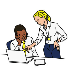 Cute character illustration of smart female mentor giving advice to african American intern at working desk. Outline, thin line art, hand drawn sketch design, simple style . 