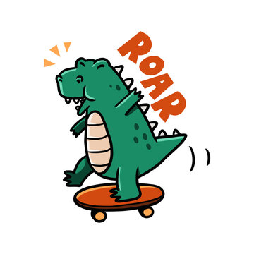 joyful dino play skateboard. cute dinosaur illustration hand drawn design. cute dino in childish style.