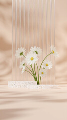 3D render template of terrazzo podium mockup in portrait with daisy flower and blurred glass