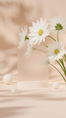 3D rendering template white podium mockup in portrait with daisy flower, sphere and blurred glass