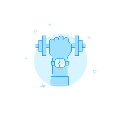 Hand with dumbbell, gym vector icon. Flat illustration. Filled line style. Blue monochrome design. Editable stroke. Adjust line weight.