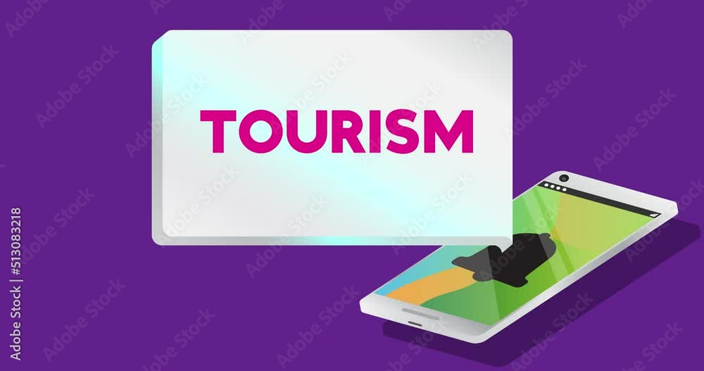 Poster tourism text on notification bubble from portable information device screen. mobile app message, con