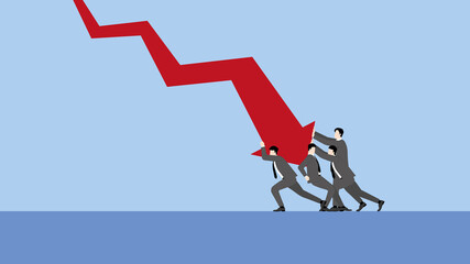 A minimal style of a red down graph of the financial crisis, economic downturn, inflation, recession,  failure, bankruptcy, and crisis concept. Businessmen team push a decrease business chart diagram.