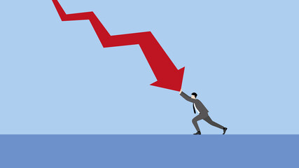 A minimal style of a red down graph of the financial crisis, economic downturn, inflation, recession,  failure, bankruptcy, and crisis concept. A businessman pushes a decrease business chart diagram. - obrazy, fototapety, plakaty