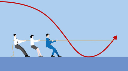 A minimal style of a red down chart of the financial crisis, economic downturn, inflation, recession, bankruptcy concept. A business team with a leader pulling a tug of war to change graph direction.