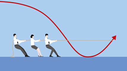 A minimal style of a red down chart of the financial crisis, economic downturn, inflation, recession, failure, bankruptcy concept. An emplyee team pulling a tug of war to change graph direction.