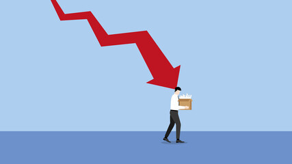 Fototapeta premium A minimal style of a red decrease graph. Fired and losing a job, unemployment, financial crisis, economic downturn, jobless, lay off concept. A depress and stress businessman, an employee holds a box.