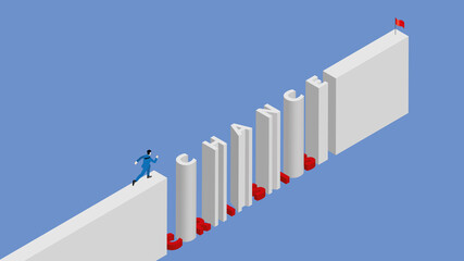 Business challenge, contest, trouble, motivation, ambition, success, achievement concept. Businessman runs on step text CHANCE alternate with red trap obstacle word CRISIS, target to red flag goal.