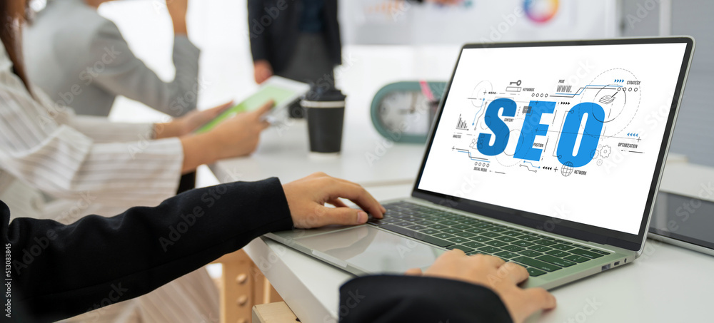 Poster seo search engine optimization for modish e-commerce and online retail business showing on computer 