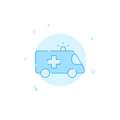 Ambulance car vector icon. Flat illustration. Filled line style. Blue monochrome design. Editable stroke. Adjust line weight.