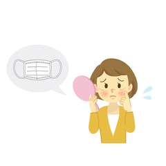 イラスト素材：若い女性がマスク跡に悩む姿/皮膚の肌荒れ悩み
