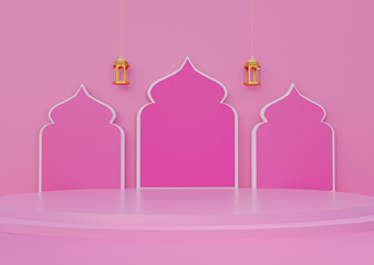 Pink magenta Islamic decoration background 3 mosque arc design big product display podium with 2 hanging golden traditional lantern glossy floor 3d rendering image