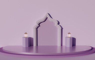 Purple color Islamic decoration background design big product display podium mosque arc on middle lantern stand two side 3d rendering image