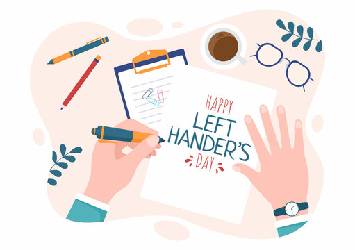 International Left Handers Day Celebration with her Left Hand Raised on the August in Cartoon Style Background Illustration
