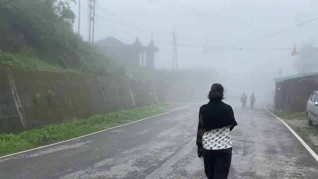 Rear view of Happy young Indian girl walking through mountain roads in a foggy day at a hill top in India.