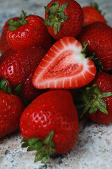 close up of fresh half of strawberry, upper view