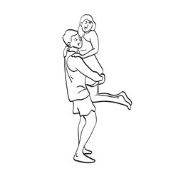 line art woman being carried by her boyfriend illustration vector hand drawn isolated on white background
