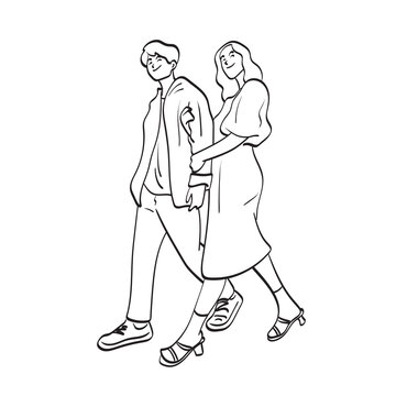 line art smiling couple arm in arm walking together illustration vector hand drawn isolated on white background