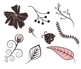 Spring flowers hand drawn vector set. Black brush flower silhouettes. Ink drawing wild plants, herbs or flowers, monochrome botanical illustration. Anemones, peonies, chrysanthemums isolated cliparts.