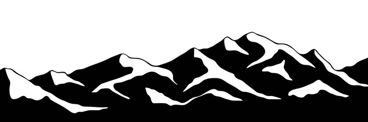 Snow covered mountain peaks, mountain range panoramic view, black and white landscape