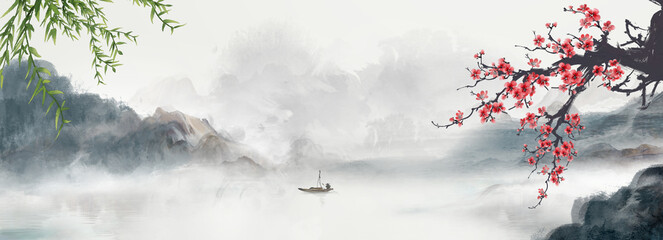 Chinese style artistic conception landscape painting background illustration