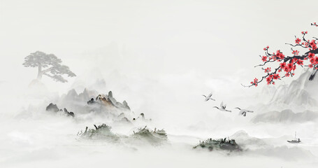 Chinese style artistic conception landscape painting background illustration - obrazy, fototapety, plakaty