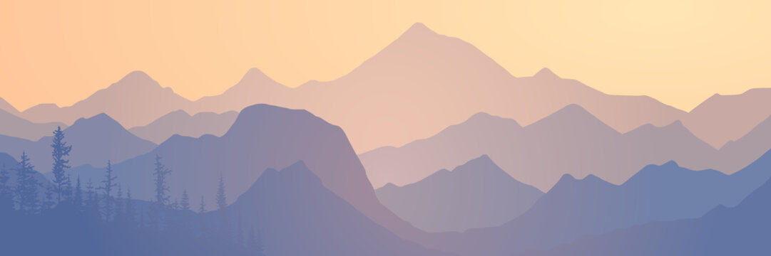 Sunrise in the mountains, mountain ranges in the morning haze, panoramic view, vector illustration © Valerii