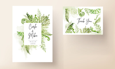elegant wedding invitation template with greenery watercolor fern leaves © mariadeta