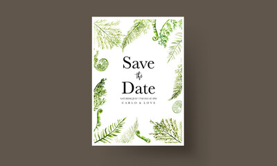 elegant wedding invitation template with greenery watercolor fern leaves
