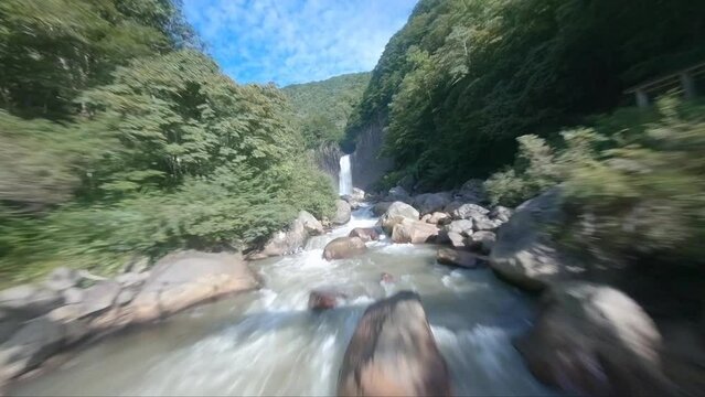 Waterfall in forest in Niigata Japan by FPV drone