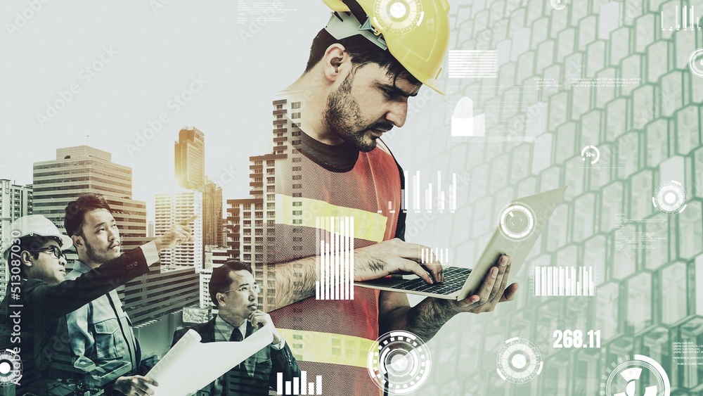 Poster future building construction and inventive engineering project concept with hud hologram graphic des