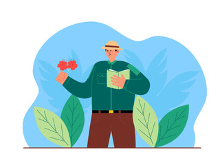 Men are observing and researching plants in the forest. Jungle vector illustration.