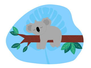 Koala sleeping on a branch. Animal and jungle theme. Jungle vector illustration.	