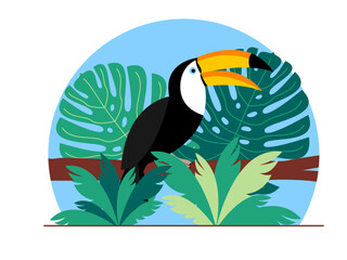 Toucan bird with tropical leaves. Toucan bird sitting on a branch. Jungle vector illustration. © roundsquid