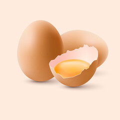 Fresh Organic Chicken Eggs. The Egg is half Broken in the Shell, Among the Other Two Large Brown Eggs
