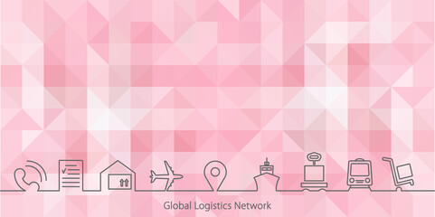 Global logistics network. Map global logistics partnership connection. Vector banner template with logistics icons and text space on light pink polygonal background.  Footer. EPS10.