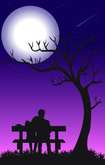 couple on the bench at night with moon and stars silhouette 