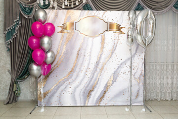 Photo zone banner in gray color for anniversary and birthday with colorful balloons.