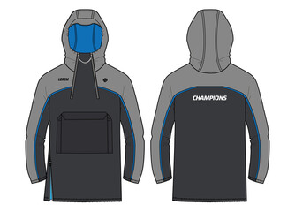 Long sleeve recovery parka Hoodie jacket design flat sketch Illustration, Hooded utility jacket with front and back view, winter jacket for Men and women. for hiker, outerwear and workout in winter © JERZEY DESINZ