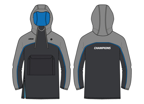 Long sleeve recovery parka Hoodie jacket design flat sketch Illustration, Hooded utility jacket with front and back view, winter jacket for Men and women. for hiker, outerwear and workout in winter