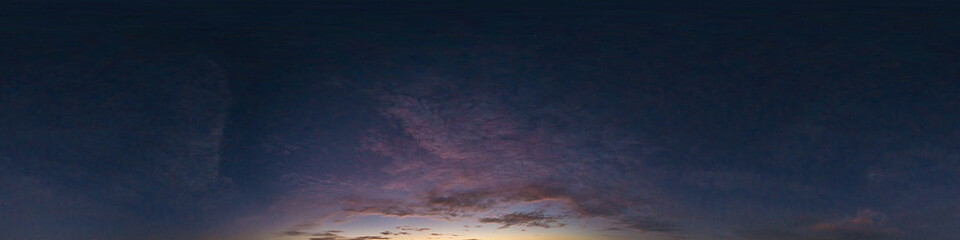 Dark blue sky panorama after sunset with Cirrus clouds. Seamless hdr 360 pano in spherical...