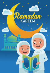 Illustration or vector of a hijab girl and a hijab mother reading the Qur'an together in front of the mosque, welcomed the arrival of the month of Ramadan.