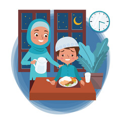 A Muslim mother prepares pre-dawn meal in the month of Ramadan for her sleepy son