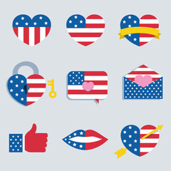 a collection of icons with the 4th of july theme, heart with American flag pattern, lip with American flag pattern
