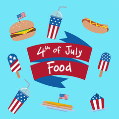 food collection with the theme of the 4th of july celebration like hotdog, hamburger, cupcakes, pancake, ice cream and soda