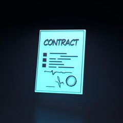 Contract neon icon on black background. The concept of cooperation. 3d render illustration.