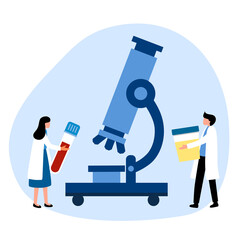 Blood and urine test with microscope in laboratory in flat design.